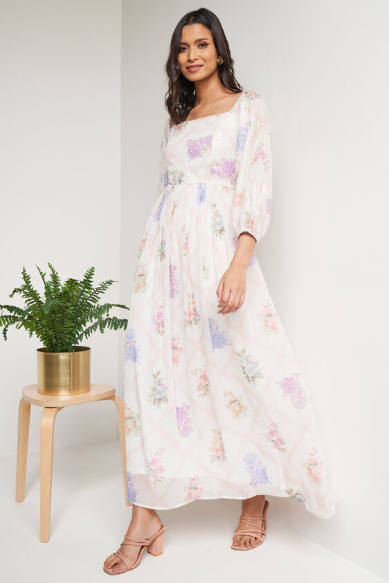 Cream Floral Flared Gown, Cream, image 4