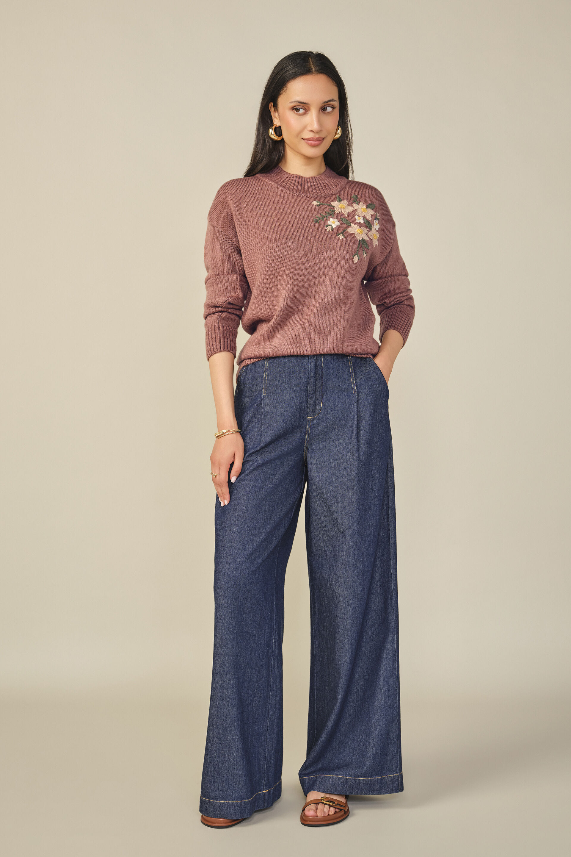 Embroidered Cotton Sweater in Brown, Brown, image 4