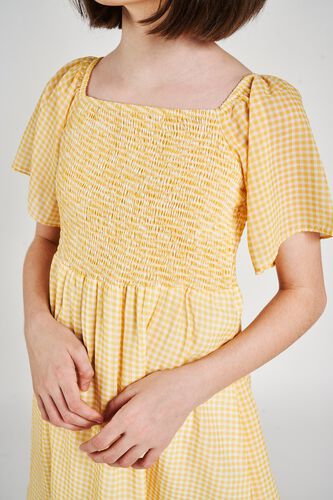 7 - Yellow Checked Printed Off Shoulder Dress, image 7