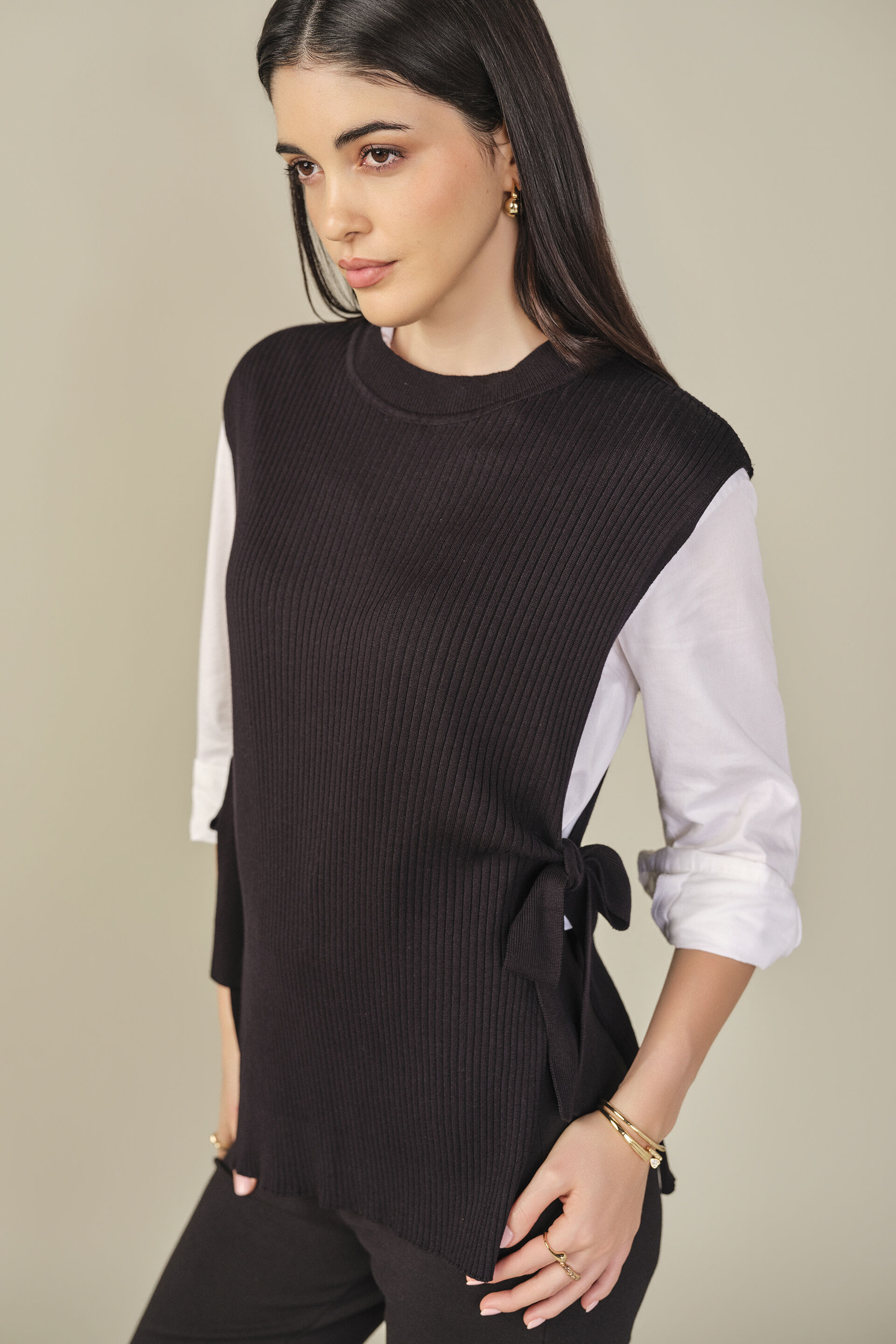 Side Tie-up Knit Top in Black, Black, image 3