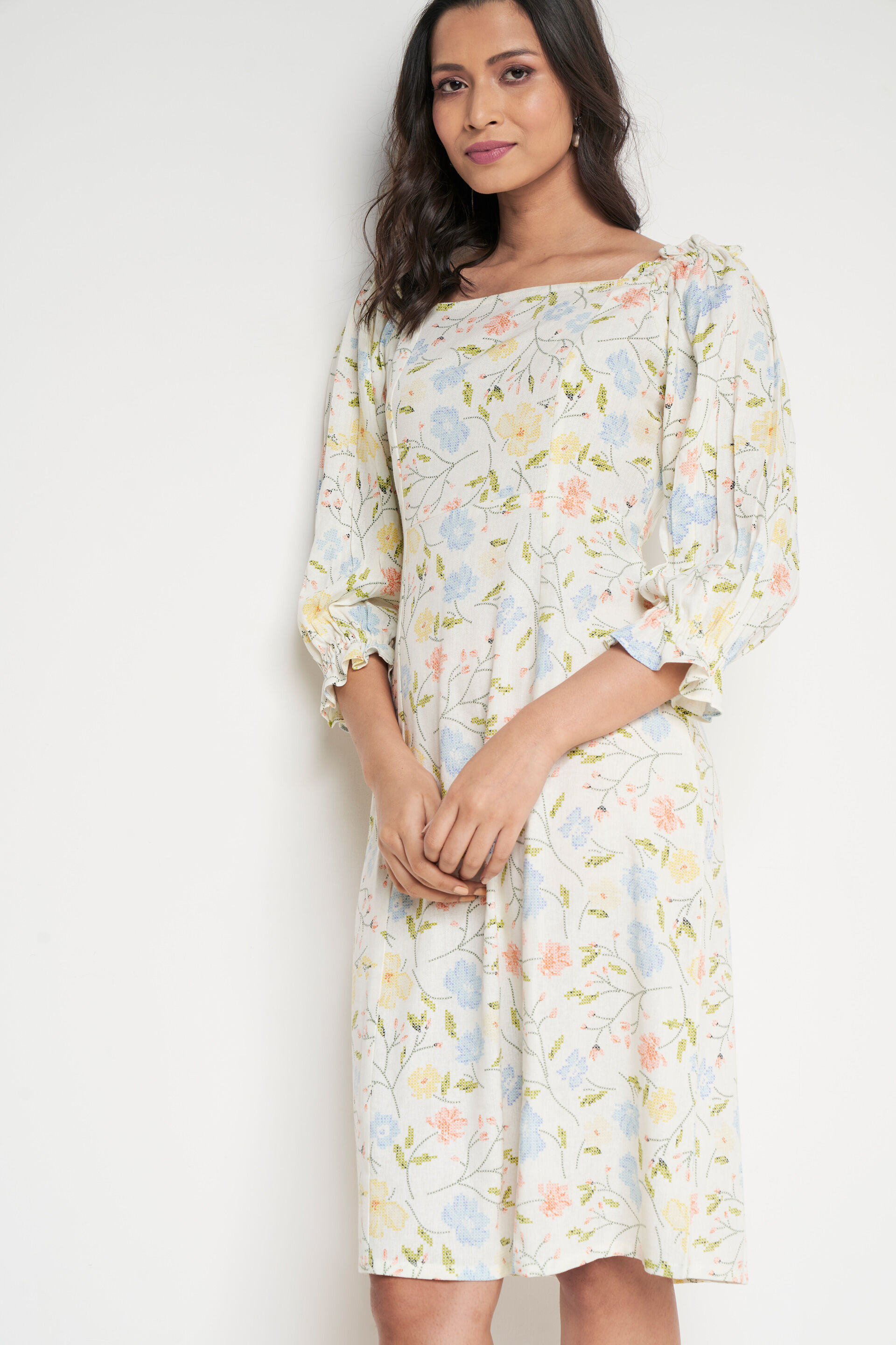 Off White Floral Straight Dress, Off White, image 2