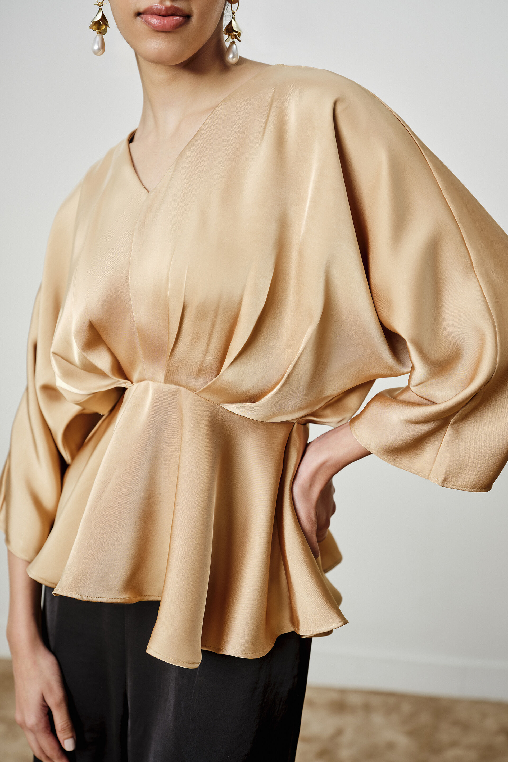 Beige Pleated Peplum Top, Dark Beige, image 4