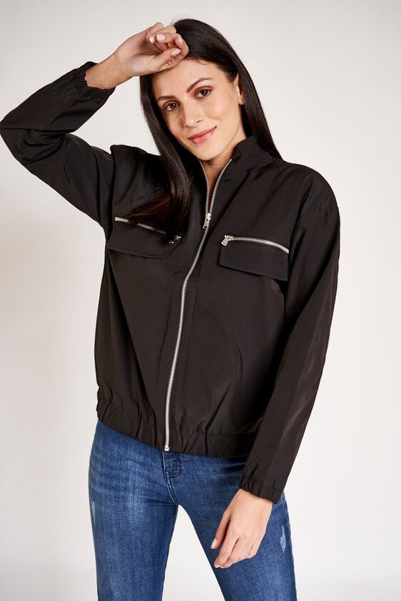 2 - Black Shirt Collar Bomber Cuff Jacket, image 2