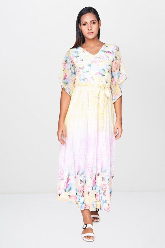 1 - Yellow Floral V-Neck Fit and Flare Dress, image 1