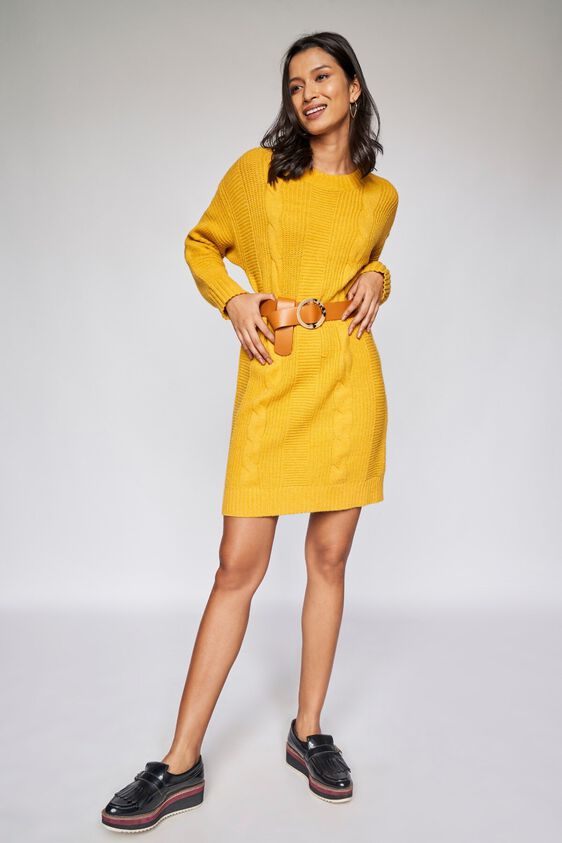 2 - Yellow Self Design Shift Dress, image 2