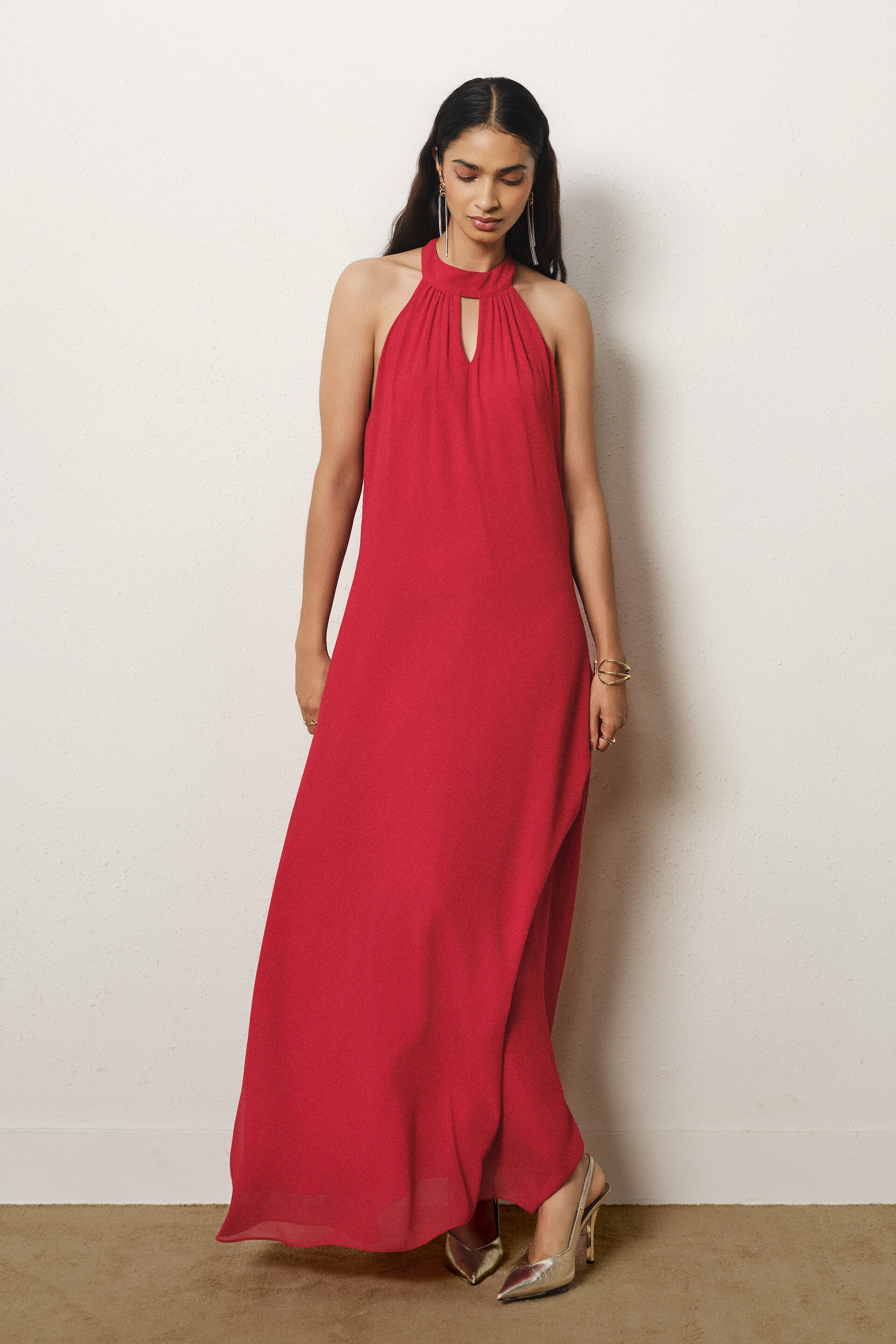 Halter Neck A-line Maxi Dress in Red