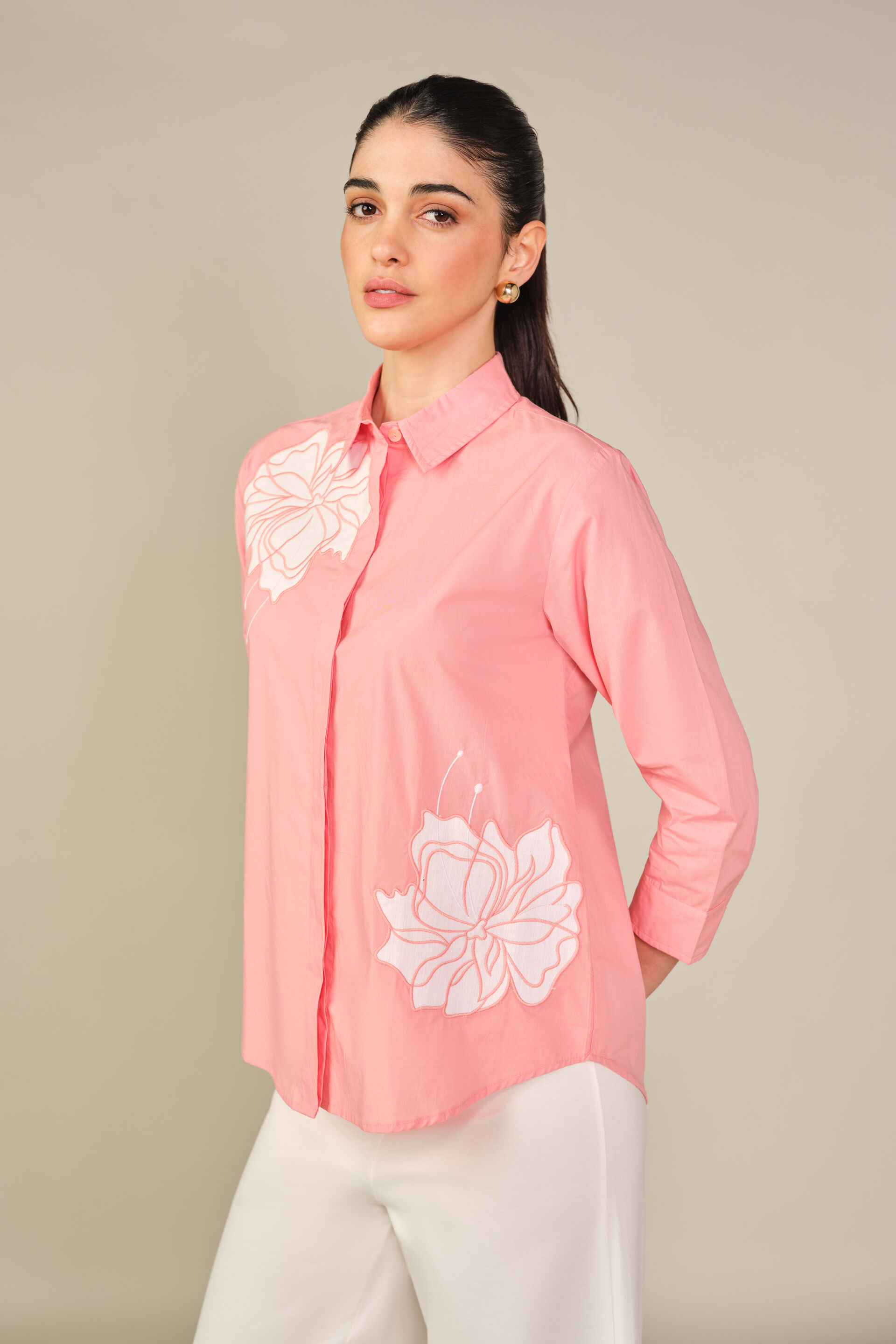 Embroidered Cotton Shirt in Pink, Pink, image 4