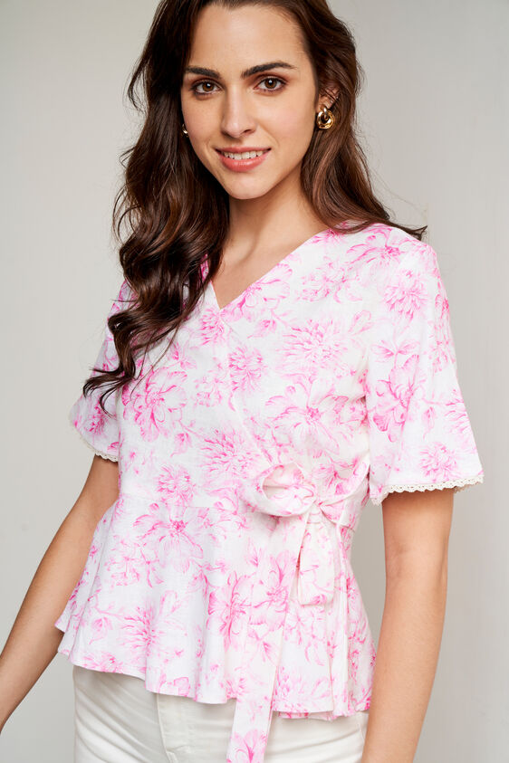 Cream Floral Wrap Top, Cream, image 3
