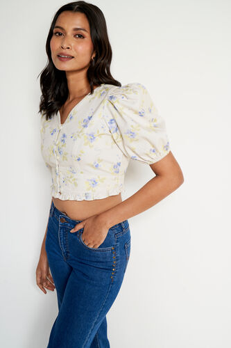 White and Green Floral Denim Crop Top, White, image 3