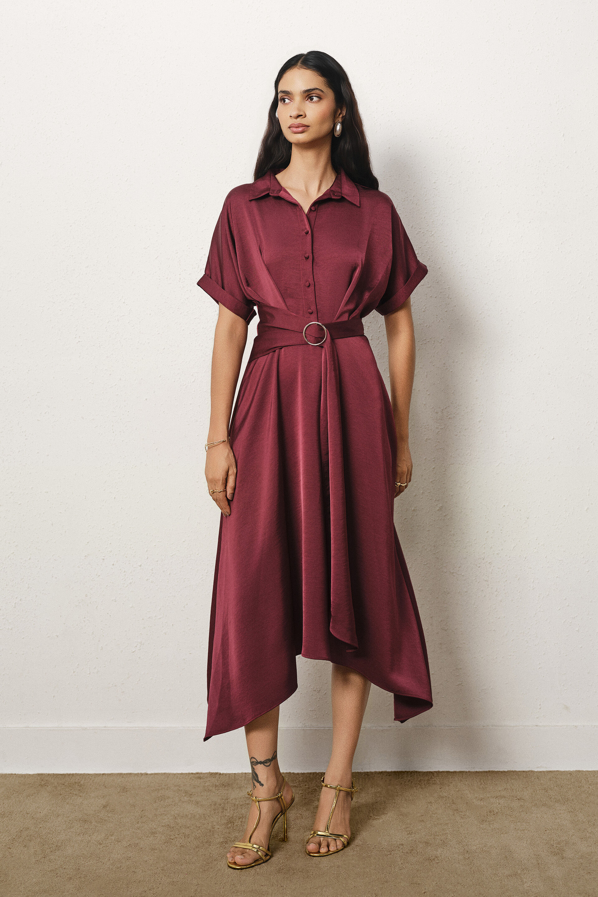 Asymmetric Satin Dress in Wine