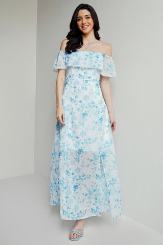 White And Blue Floral Flared Gown, White, image 2
