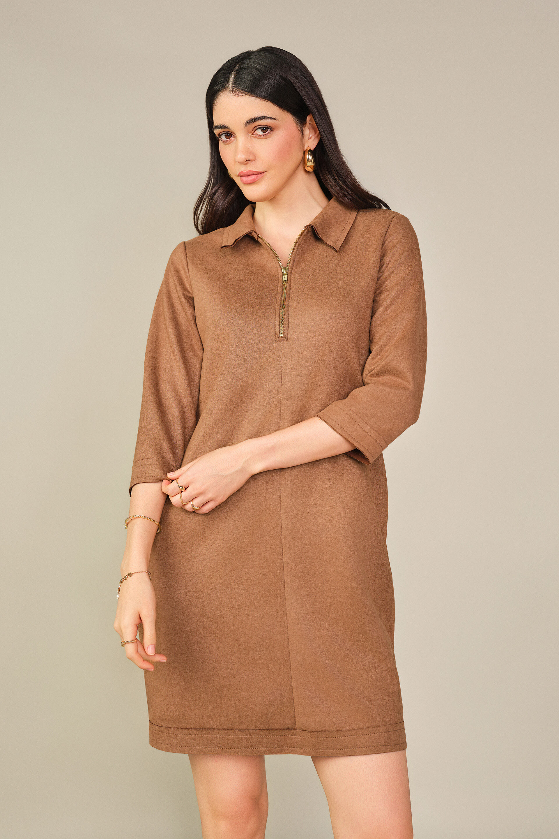 Solid Suede Mini Dress in Tan