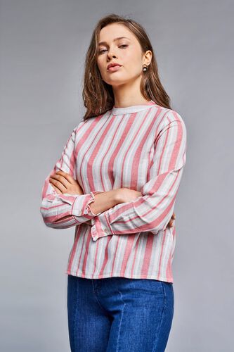 4 - Pink - White Stripes Mandarin Collar Cuff Top, image 4