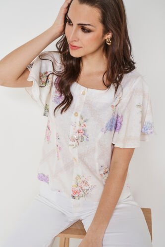 Cream Floral Flared Top, Cream, image 2
