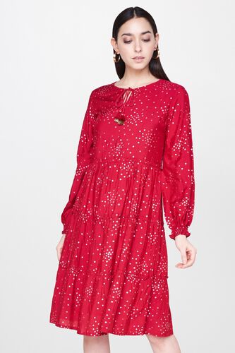 2 - Maroon Foil print Pleated Round Neck A-Line Dress, image 2