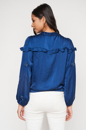 Blue Solid Mandarin Collar Jacket, Blue, image 5