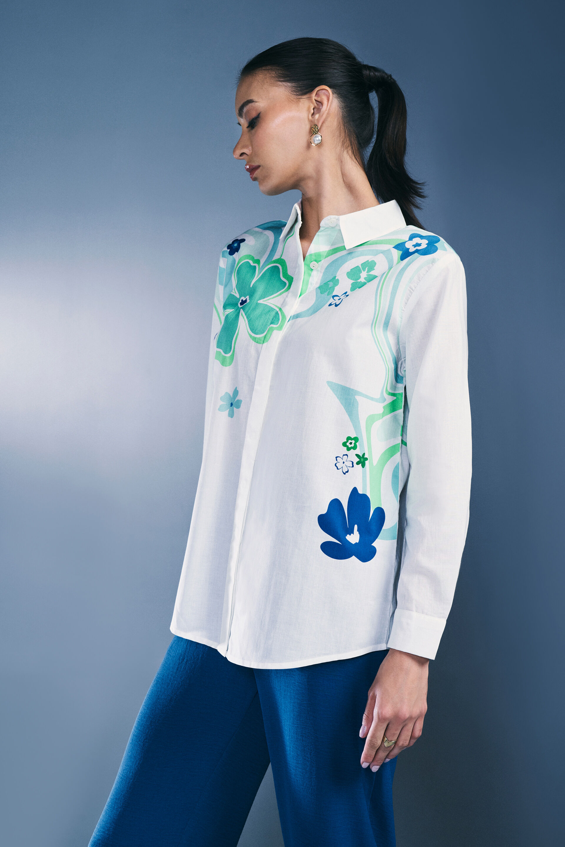 Floral Splash Cotton Shirt, White, image 7