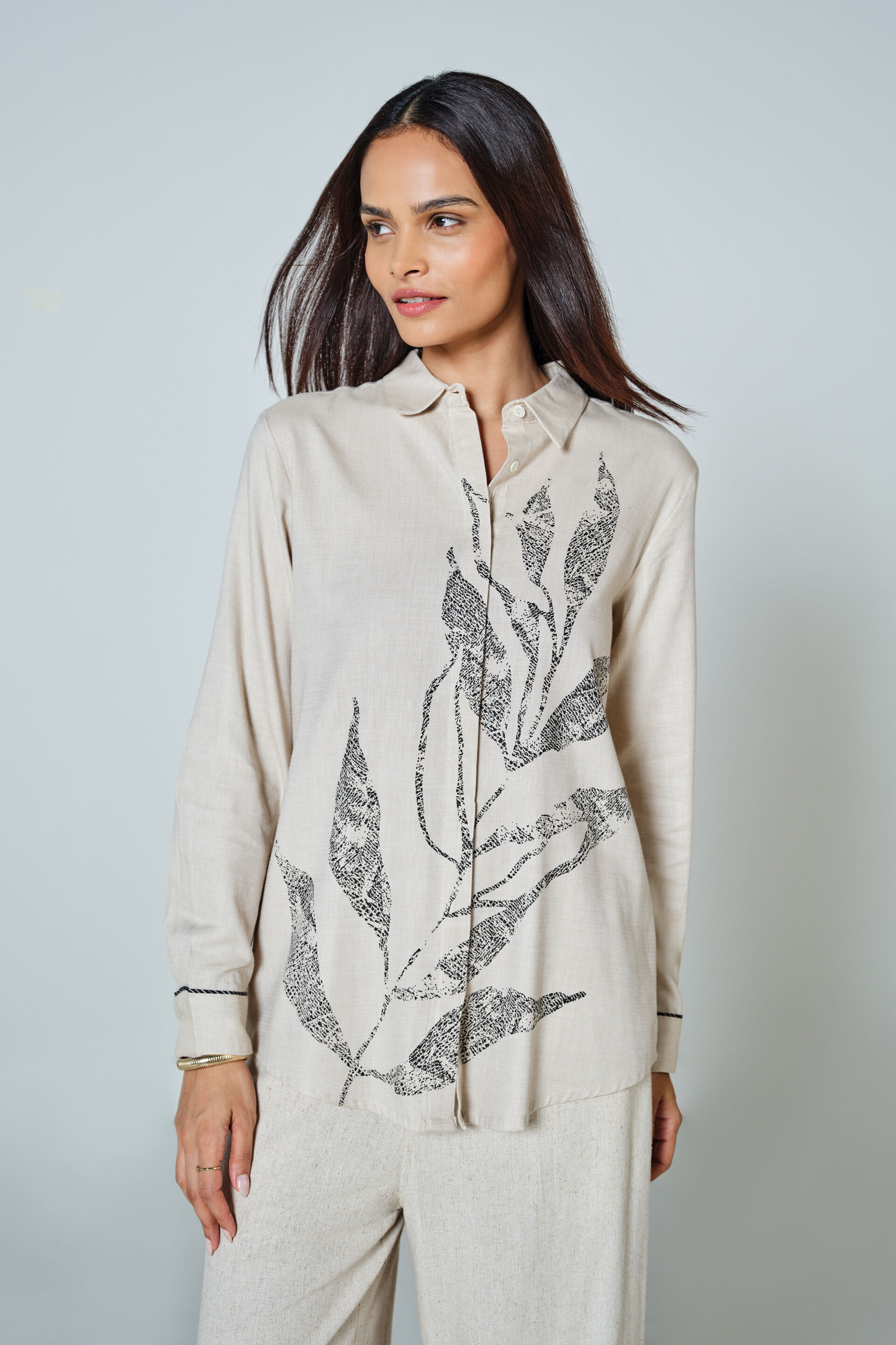 Leaf Love Cotton Shirt, Beige, image 2