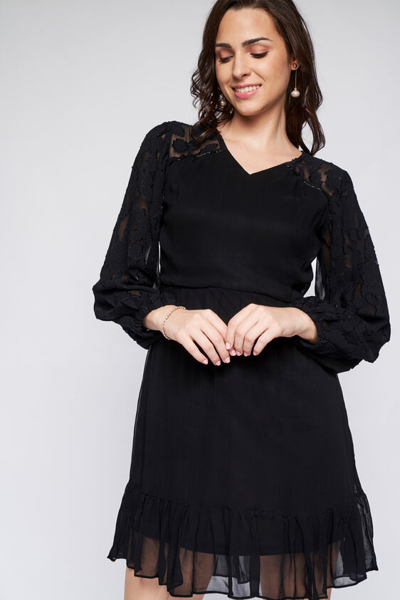 Black Solid Straight Dress, Black, image 2