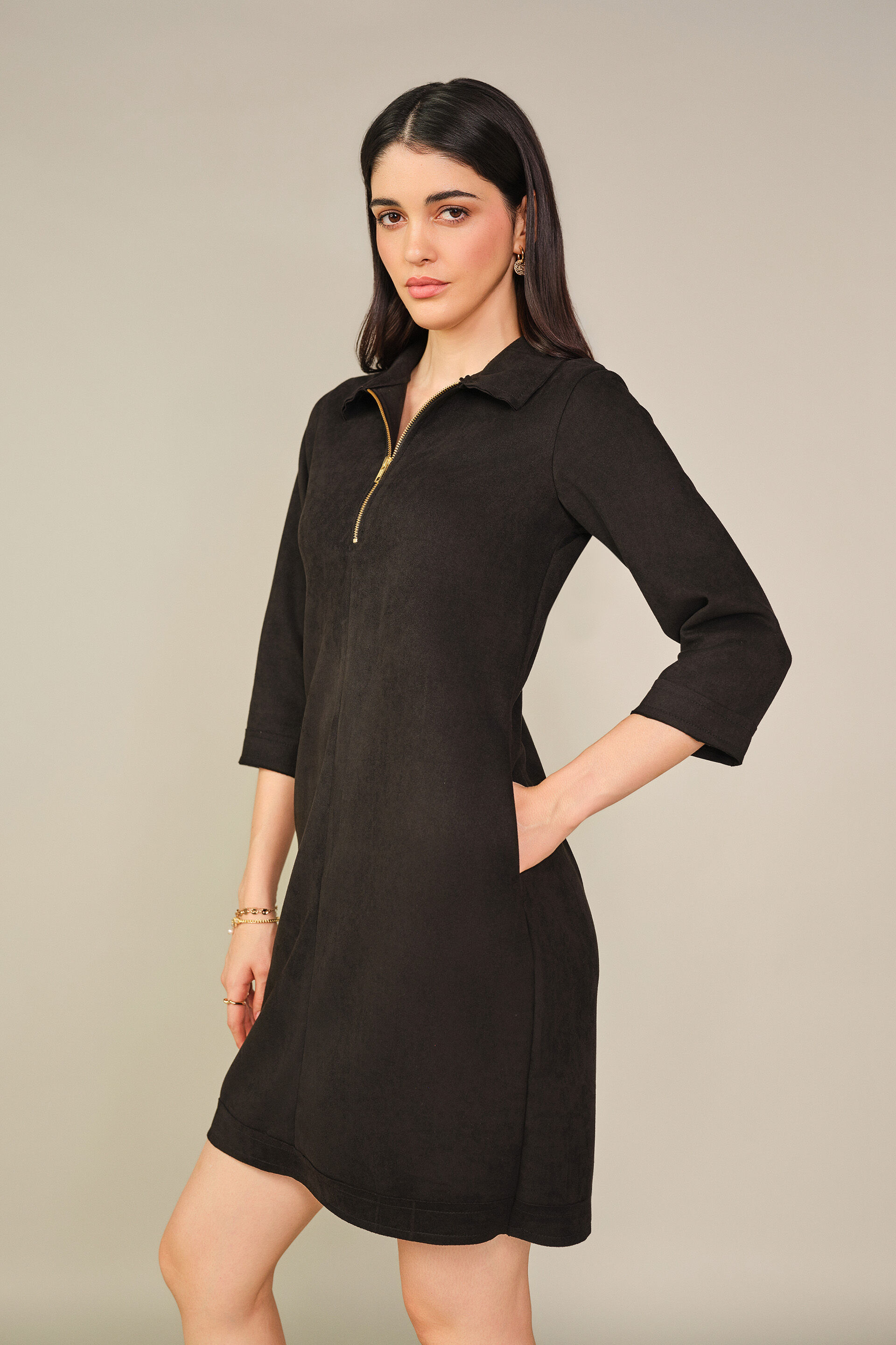 Solid Suede Mini Dress in Black, Black, image 4