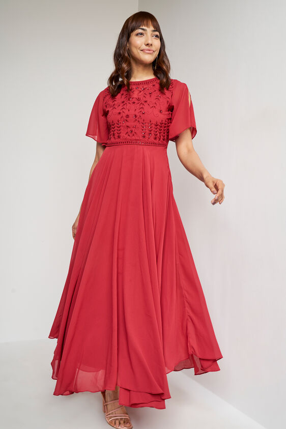 Red Solid Flared Gown, Red, image 3