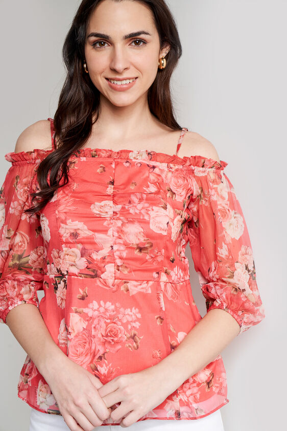 Coral Floral Peplum Top, Dark Pink, image 2