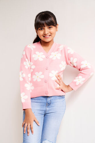 Pink and White Floral Straight Cardigan, Pink, image 2