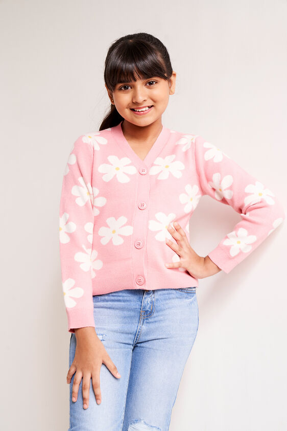 Pink and White Floral Straight Cardigan, Pink, image 2