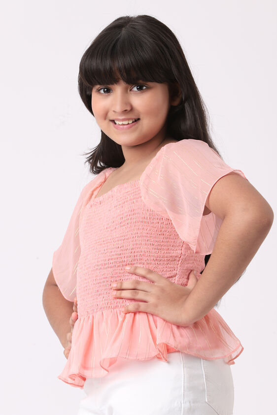 Coral Stripes Flounce Top, Coral, image 1