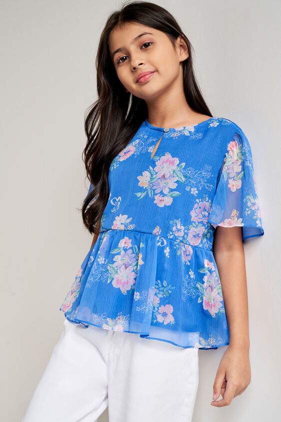 Blue Floral Flared Top, Blue, image 3
