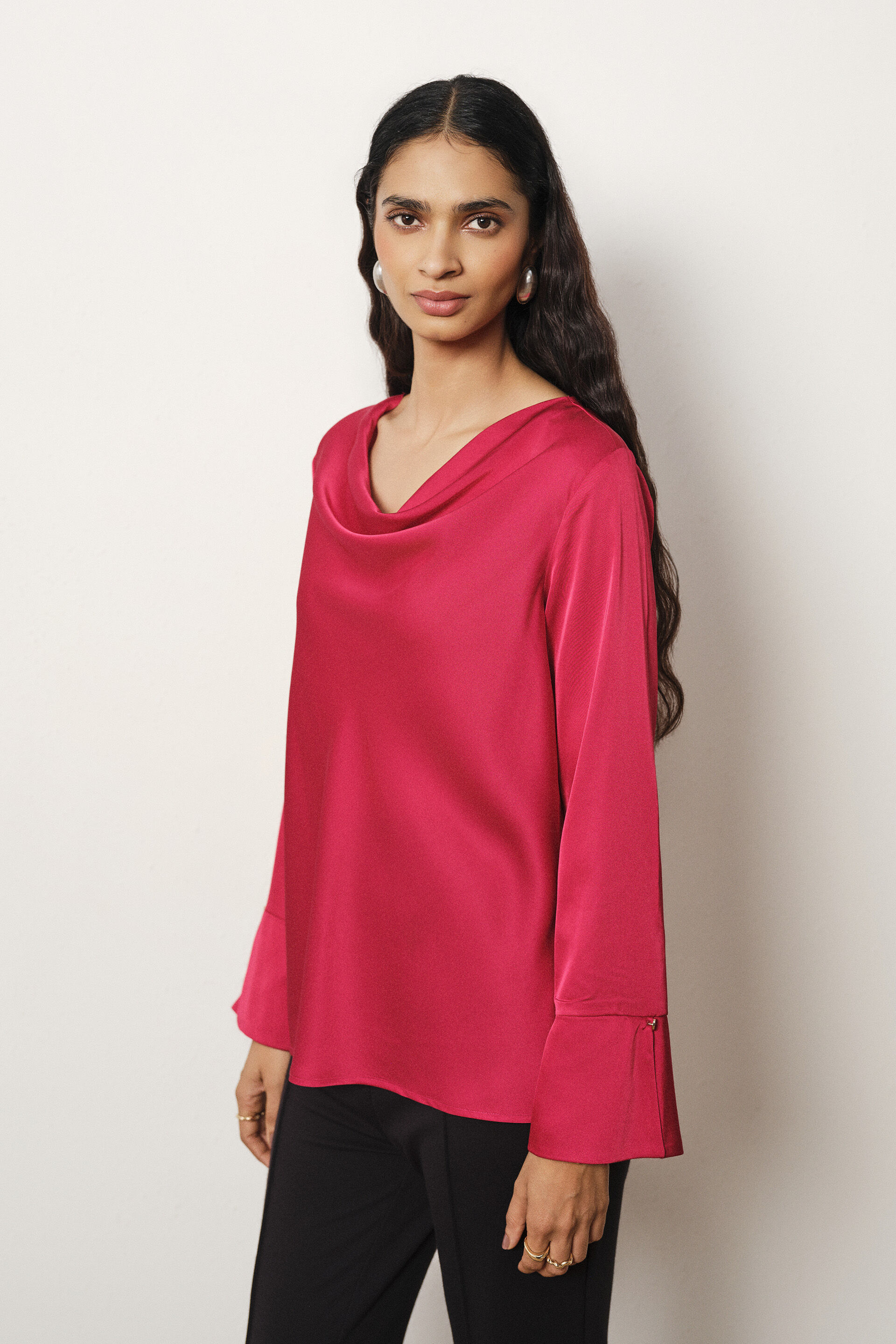 Cowl Satin Top in Red, Red, image 3