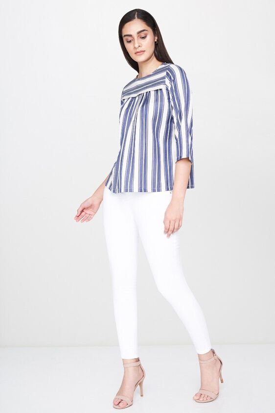 4 - Ecru Stripes Round Neck Blouse Top, image 4