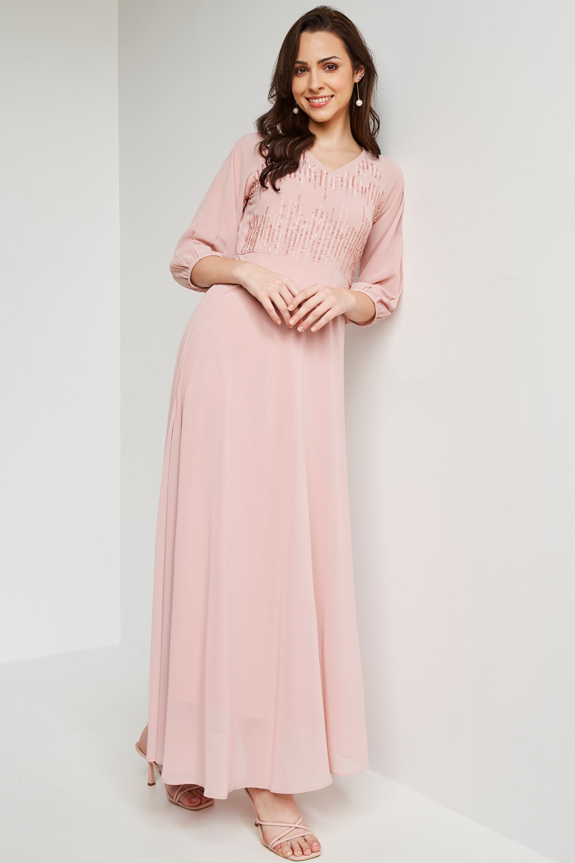 Flesh Solid Flared Gown, Flesh, image 3