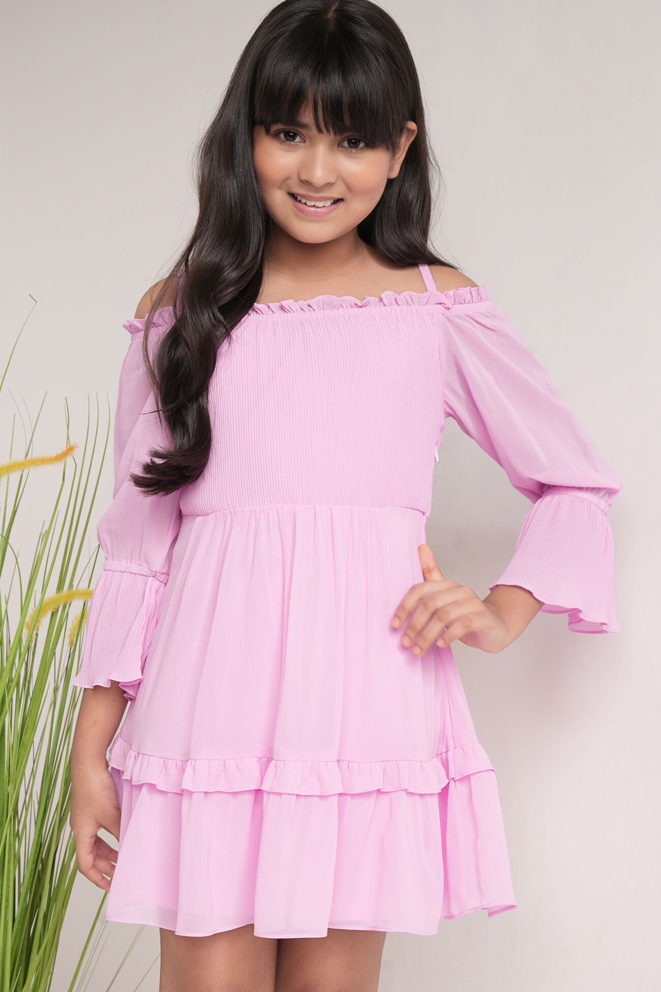 Lilac Solid Flounce Dress, Lilac, image 3