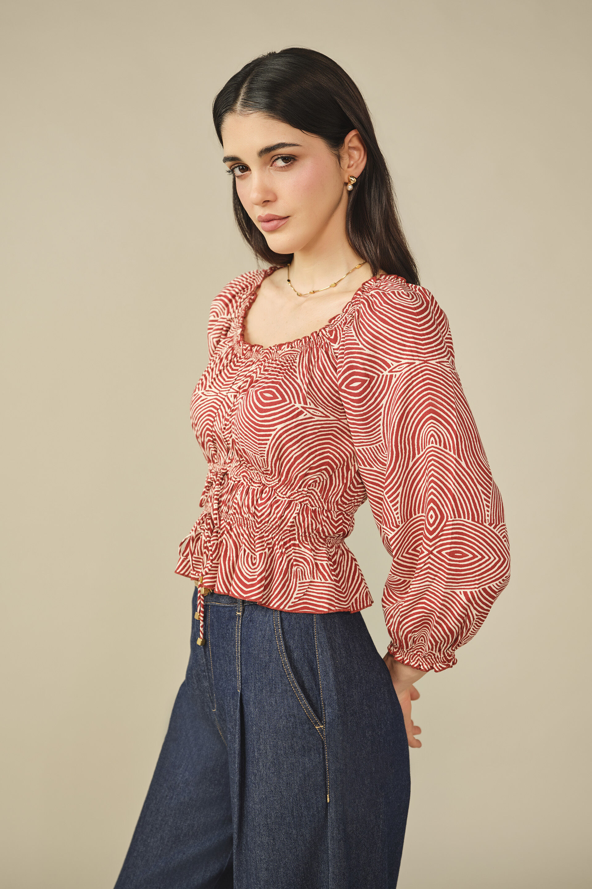 Abstract Printed Smocked Top in Wine, Wine, image 5