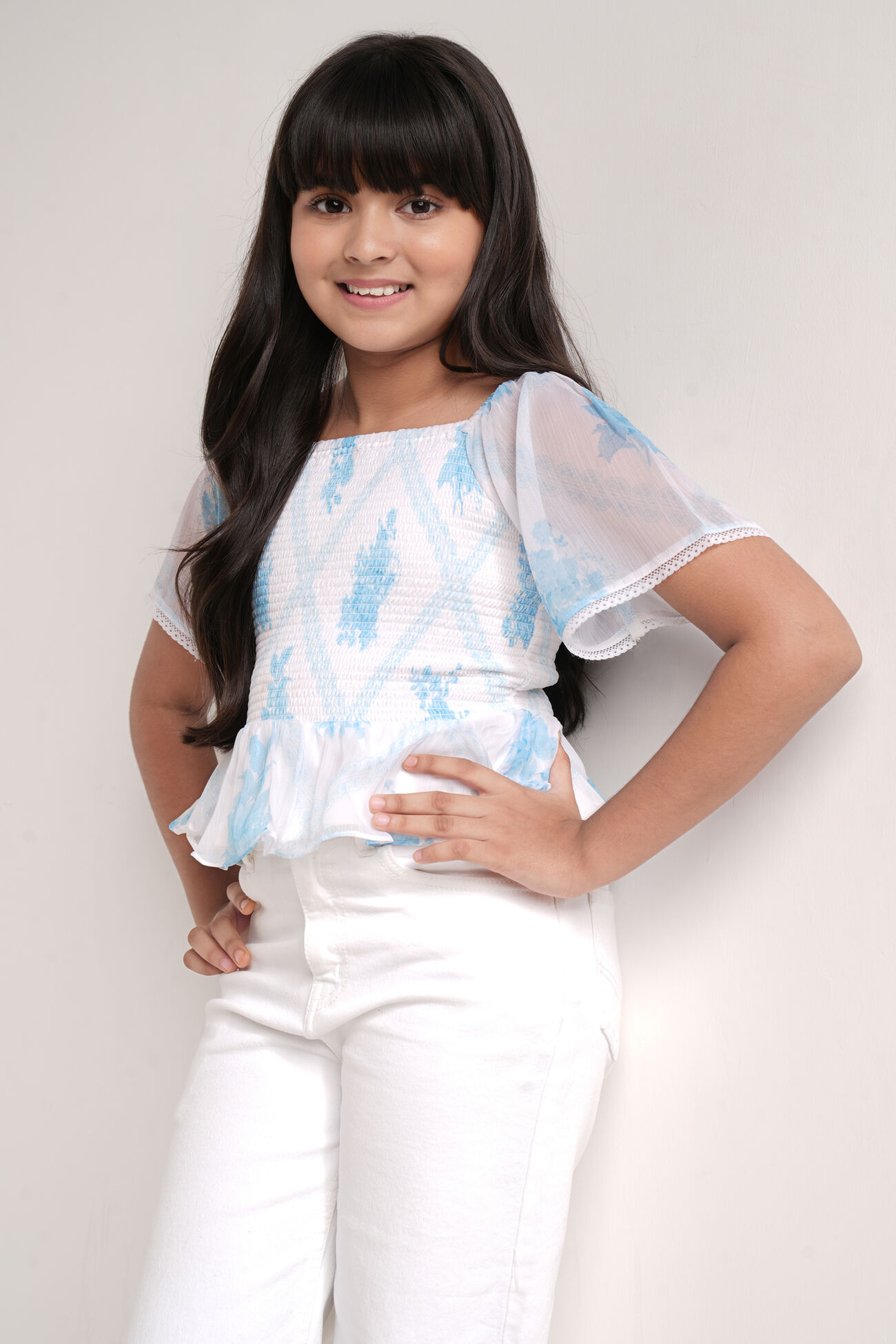 White and Blue Floral Straight Top, White, image 1
