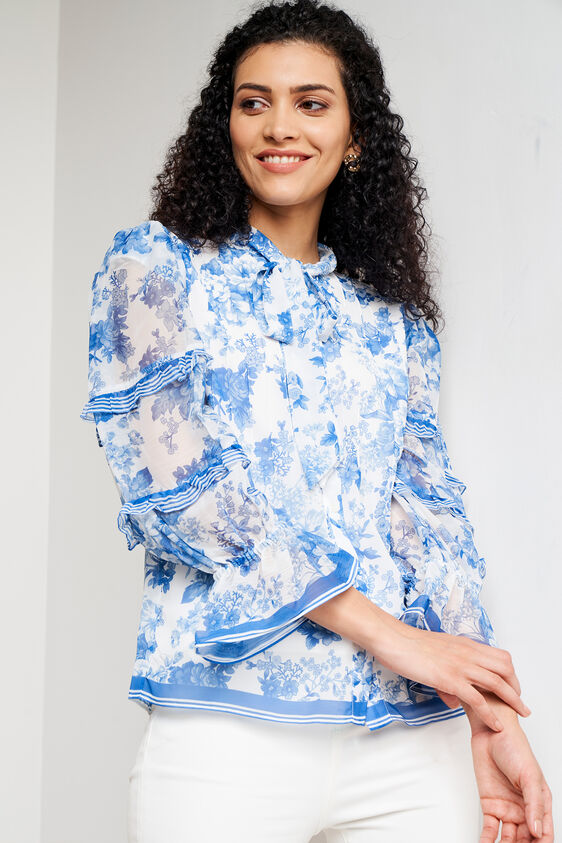 Blue and White Floral Casual Top, Blue, image 1