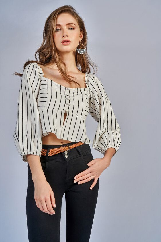 2 - Black - White Stripes Square Neck Fit and Flare Top, image 2