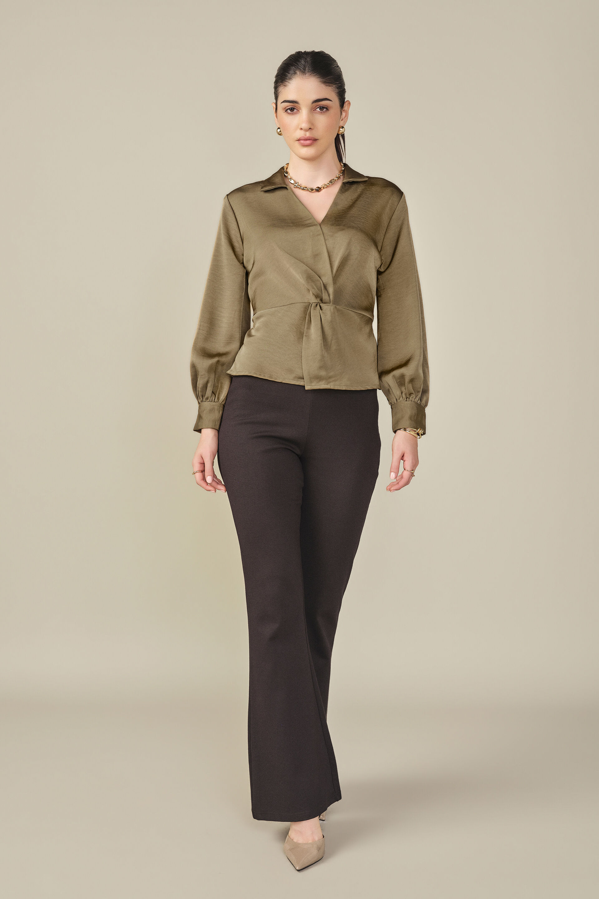 Knot Detail Satin Shirt in Tan, Tan, image 4