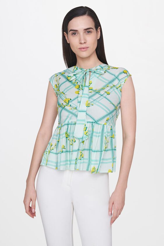 1 - Lime Floral Round Neck Cap Sleeves Top, image 1