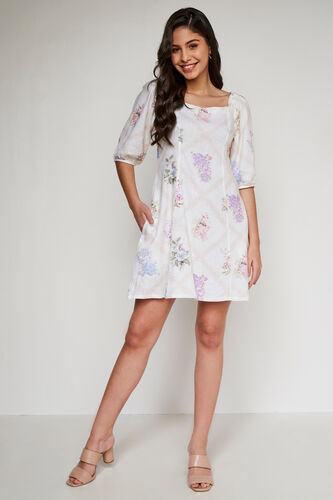 Cream Floral Flared Dress, Cream, image 2
