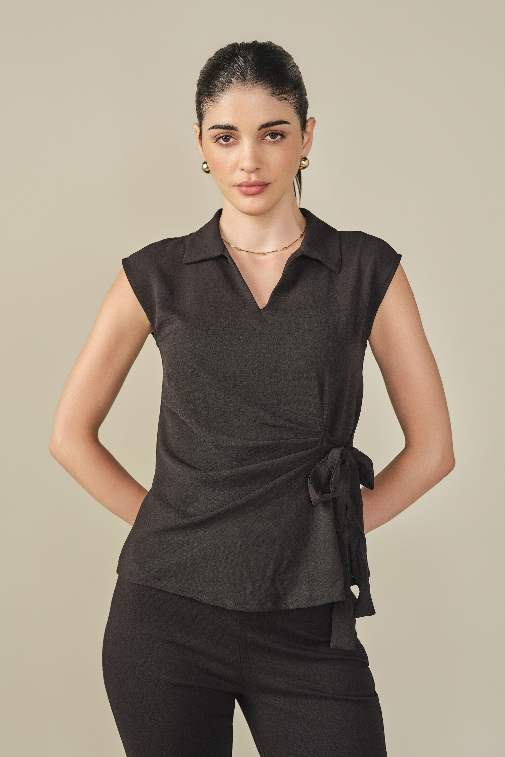 Solid Tie-up Top in Black, Black, image 1