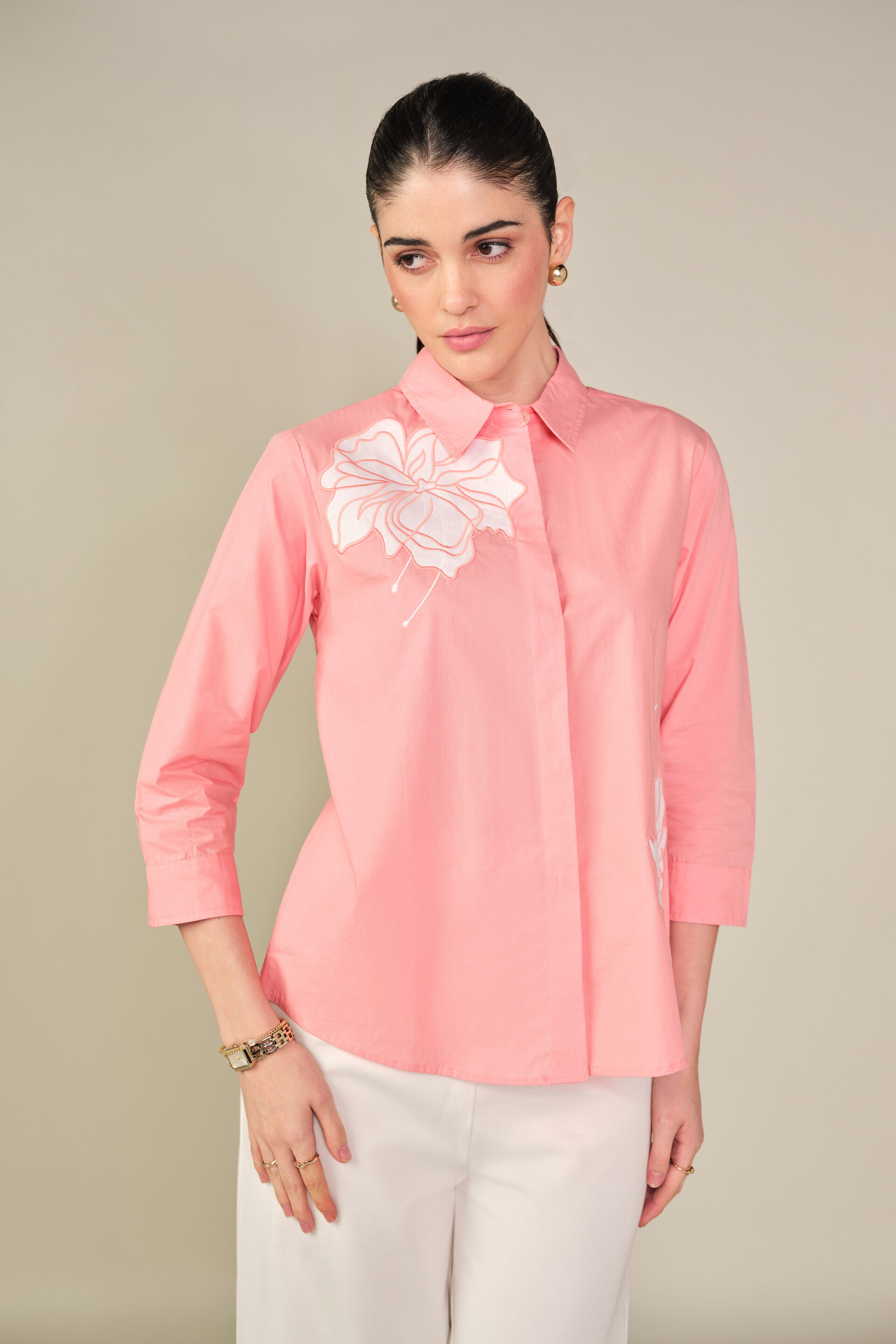 Embroidered Cotton Shirt in Pink
