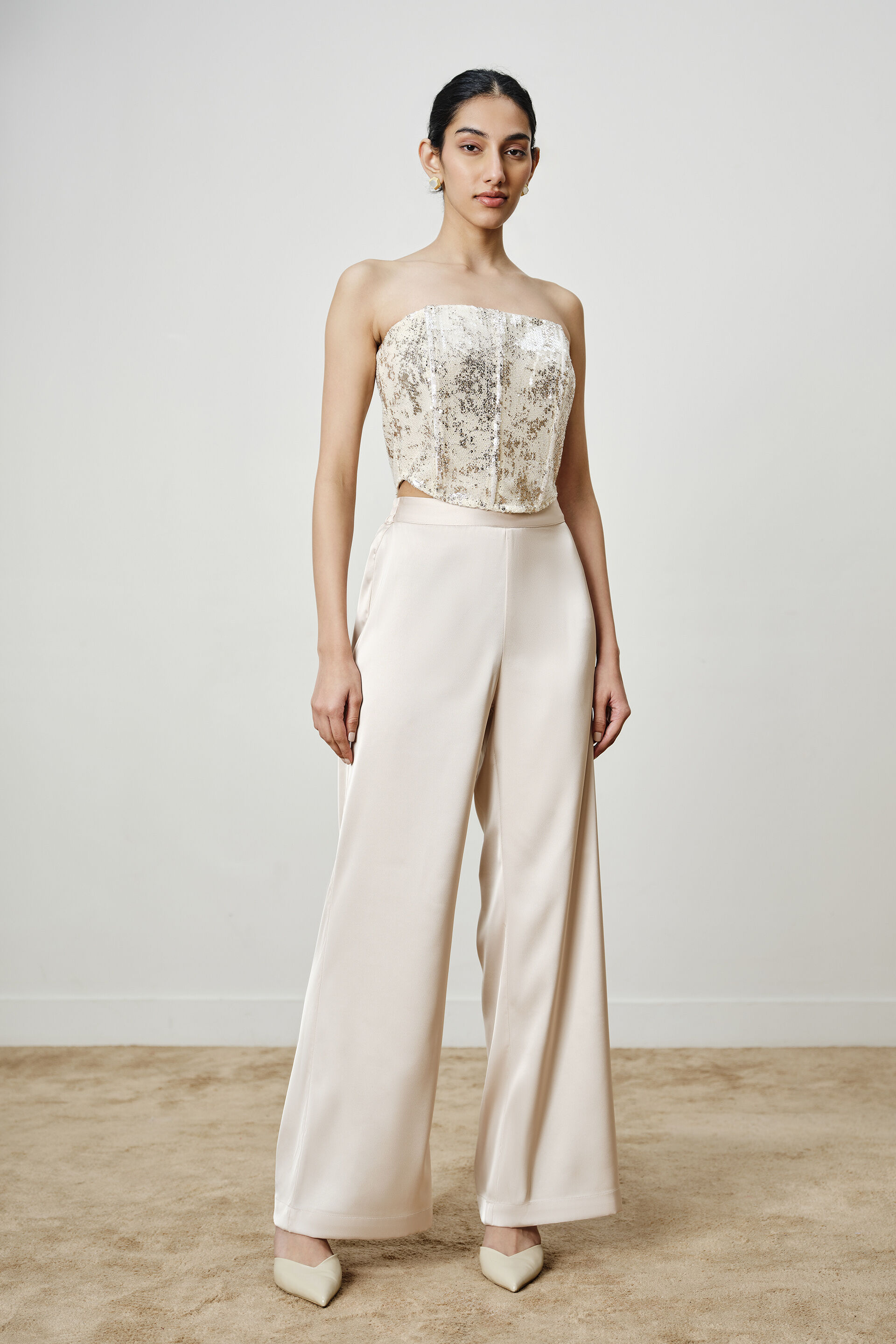 Pearl Sequined Mesh Corset, Beige, image 3