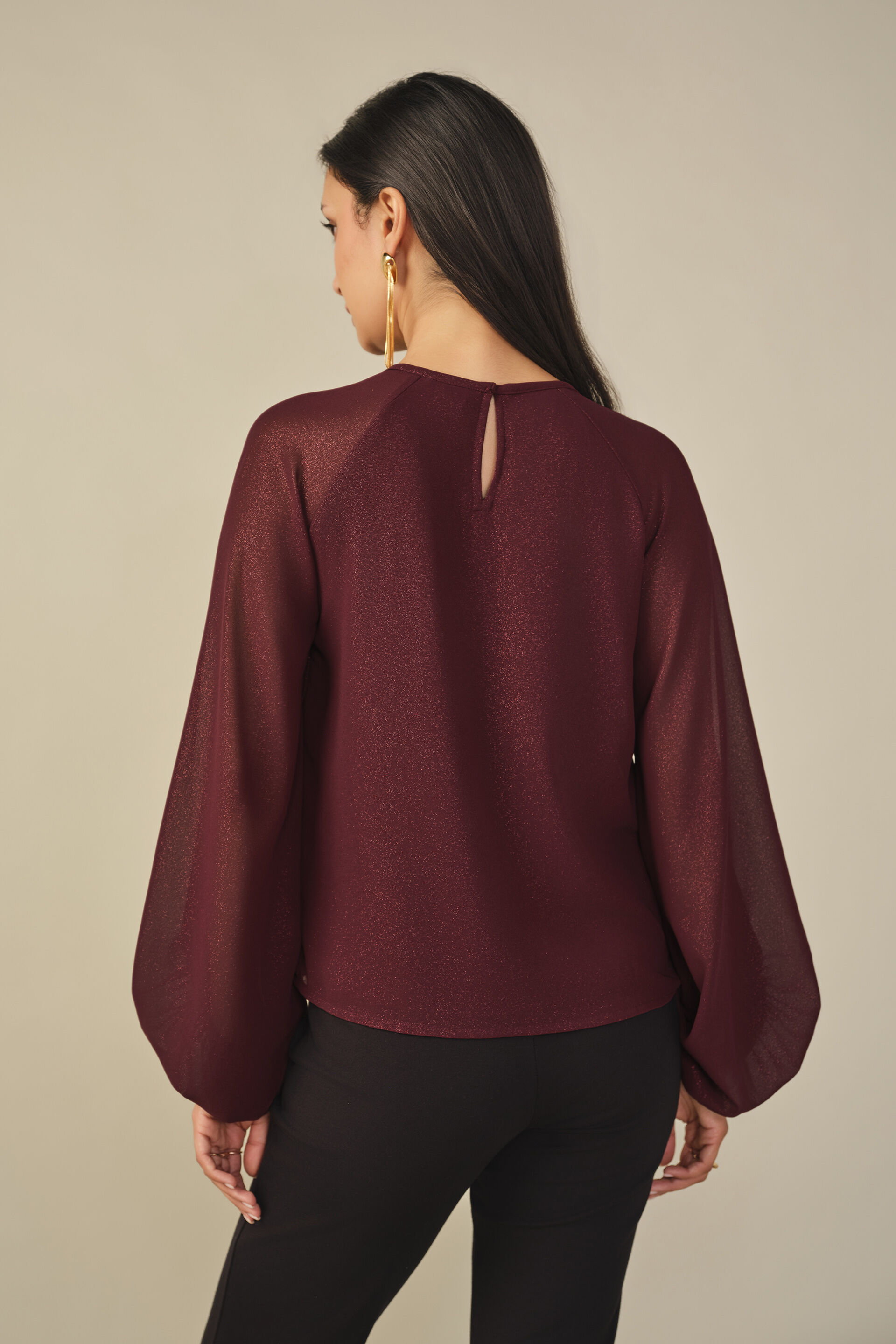 Voluminous Sheer Sleeve Top in Wine, Wine, image 6