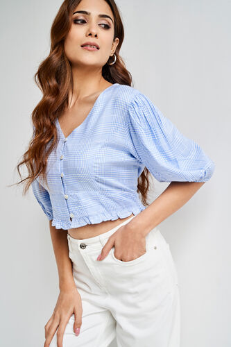Blue And White Short Length Straight Cropped Top, Blue, image 1