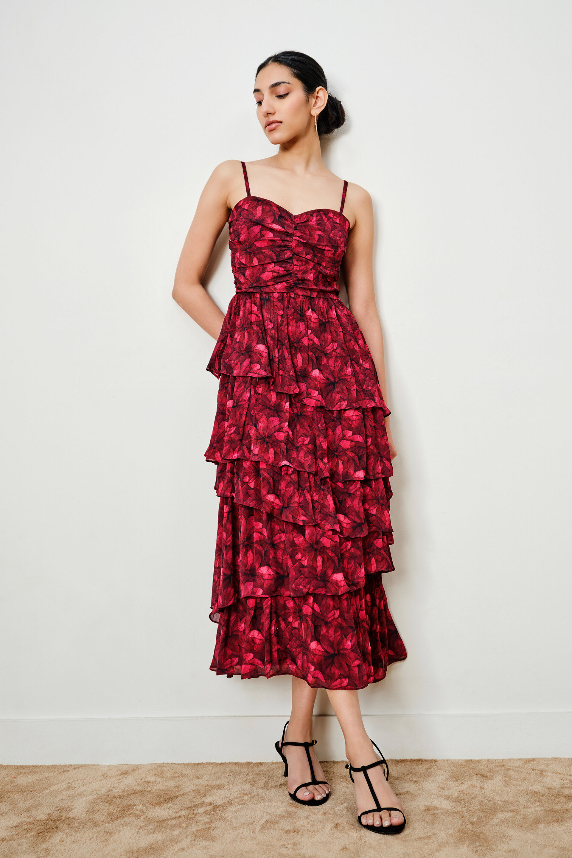 Melissa Printed Tiered Dress, Maroon, image 2