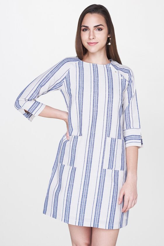 1 - White - Blue Stripes Round Neck A-Line Cuff Dress, image 1