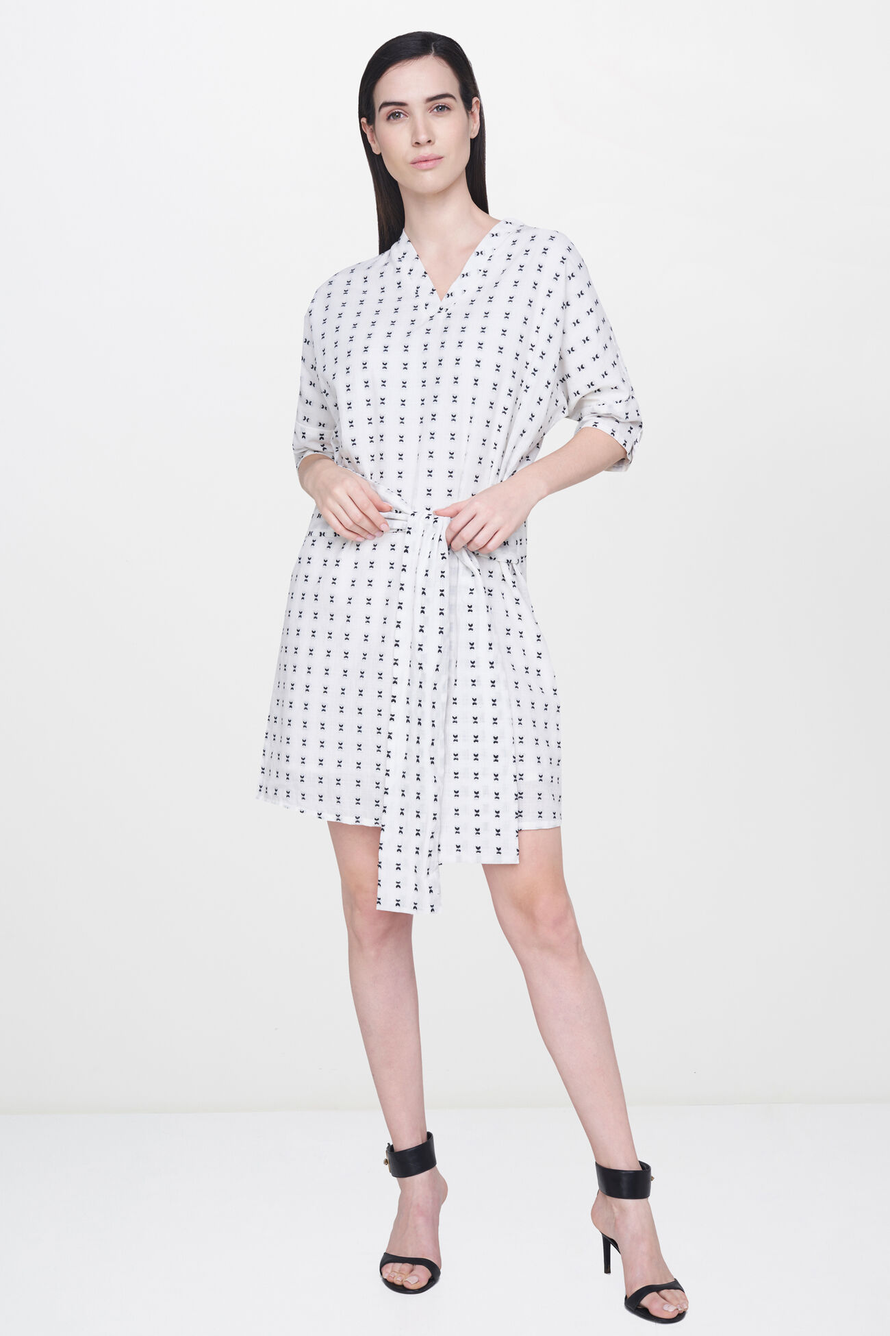 4 - Ecru Polka Dots V-Neck Sleeveless Regular Dress, image 4