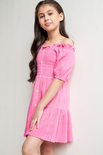 Pink Solid Gathered Flared Dress, Pink, image 3